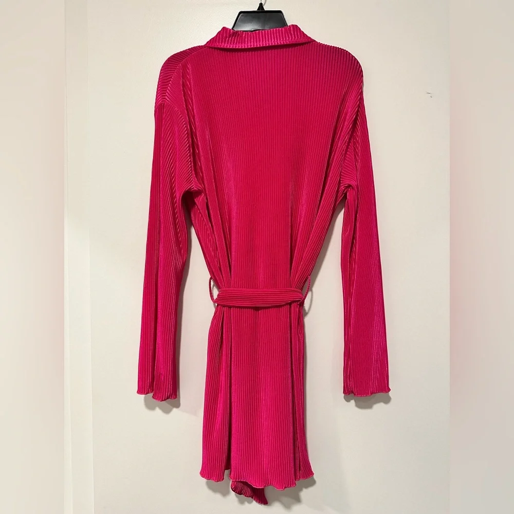 Vibrant Pink V Collar Button-Up Long Sleeve Dress